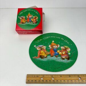 Vtg Christmas Holiday Mice Green Springbok Hallmark 7in Round Cardboard Puzzle